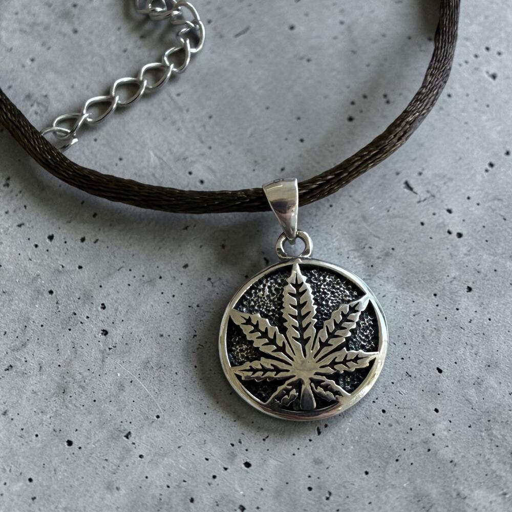 Sterling Silver Cannabis Leaf Pendant Silk Necklace - Picture 3 of 7